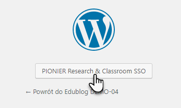 przycisk z napisem Pionier Research & Classroom SSO i logotyp aplikacji WordPress