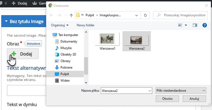na pierwszym planie pulpit komputera i dwie grafiki znajdujące się w folderze, a na drugim planie edytor, w którym ma zostać dodany obraz  