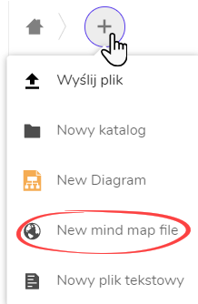 ikona ze znakiem plus i rozwijana lista składająca się z opcji Wyślij plik, Nowy katalog, New diagram, New mind map file, Nowy plik tekstowy