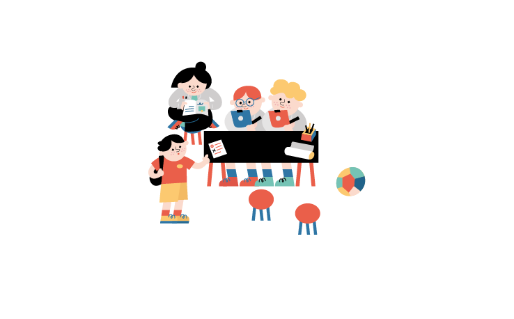 animowana ilustracja przedstawiająca kilkoro uczniów, którzy siedzą przy ławce i czytają książki oraz ucznia, jaki im się przygląda